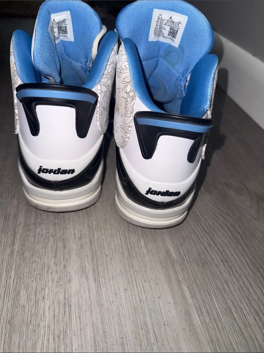 Air Jordan Dub Zero High-Top Sneakers in White, Light Blue & Black